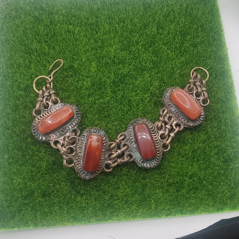 Sterling 7.5 B3021  antique Art Deco sterling silver bracelet Carnelian Stones
